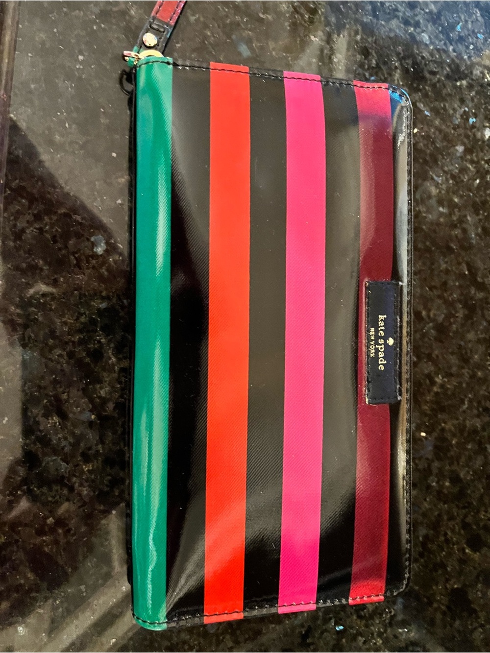 kate spade striped wristlet in green, red, pink, black, burgundy; new- no tag